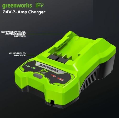 מטען מהיר GREENWORKS 24V דור 2 דגם 99587 עם מערכת חיווי LED חכמה, תומך בסוללות 1.5-5.0 אמפר עם זמני טעינה מהירים ואפשרות תליה על קיר