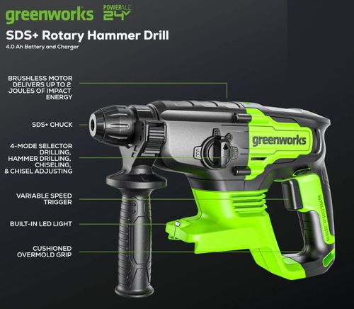 פטישון GREENWORKS 24V Brushless SDS-Plus דגם 99574/2.6 - כלי עבודה מקצועי עם 4 מצבי עבודה, עוצמת הלימה 2J ותאורת LED לקידוח וסיתות