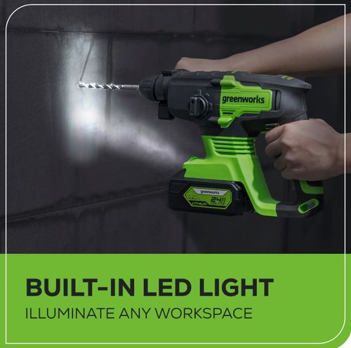 פטישון GREENWORKS 24V Brushless SDS-Plus דגם 99574/2.6 - כלי עבודה מקצועי עם 4 מצבי עבודה, עוצמת הלימה 2J ותאורת LED לקידוח וסיתות