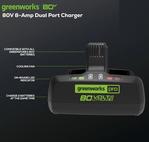 מטען כפול GREENWORKS 80V דגם 99559 - מטען מהיר עם שני תאי טעינה, מאוורר מובנה וחיווי LED לטעינה מקבילה של סוללות PRO