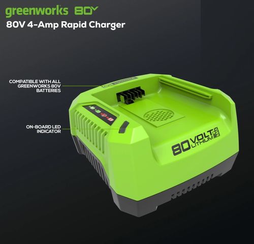 מטען מהיר GREENWORKS 80V דגם 99557 - מטען קומפקטי עם מאוורר מובנה וחיווי LED לטעינה מהירה של סוללות PRO