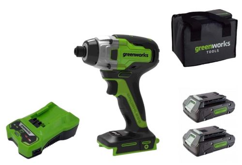 מברגת אימפקט GREENWORKS דגם GD24ID3 24V Brushless עם מומנט 300Nm, 2 סוללות 2 אמפר, מטען מהיר ותיק נשיאה - כלי מקצועי לעבודות הברגה