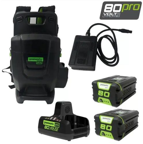 יחידת כוח נישאת GREENWORKS 80V PRO דגם 99782 - מערכת גב ארגונומית עם תא סוללות כפול, שתי סוללות 4.0 אמפר ומטען מהיר כפול לעבודה מקצועית ממושכת