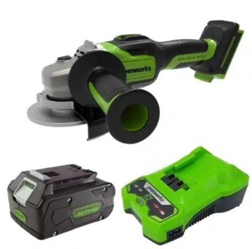 משחזת זווית נטענת GREENWORKS 99774-4 - מנוע Brushless 24V עם דיסק 5 אינץ', סוללת 4 אמפר ומטען מהיר לעבודות חיתוך והשחזה מקצועיות