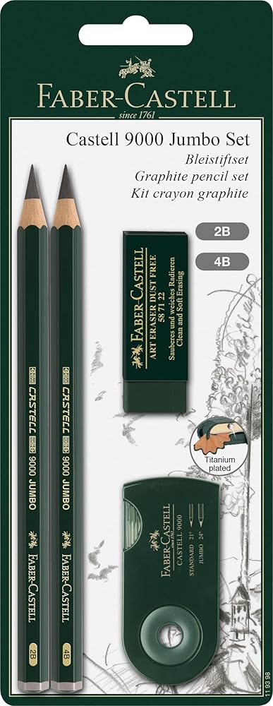 2 עפרונות גרפיט עבים + מחדד ומחק Castell 9000 Jumbo set  