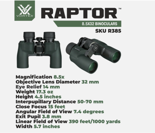 משקפת וורטקס קטנה וקלה  Vortex Optics Raptor 8.5X32