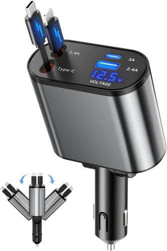 מטען נשלף לרכב – 4 ב-1 USB-C ו-USB-A, טעינה מהירה, סיבוב 180°