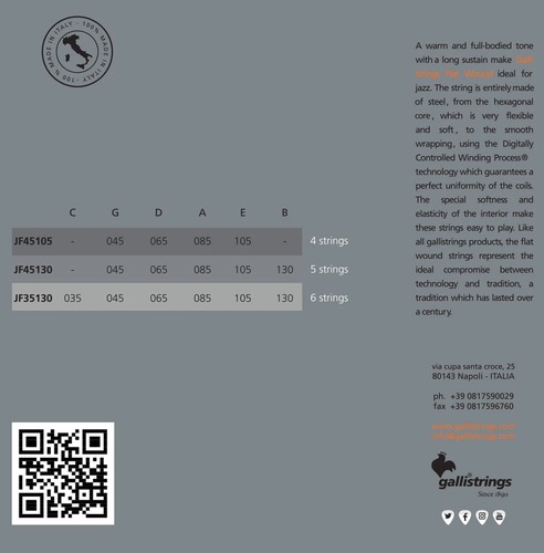 סט מיתרים לבס GALLI JF45105-L 045-105 JAZZ FLAT 34
