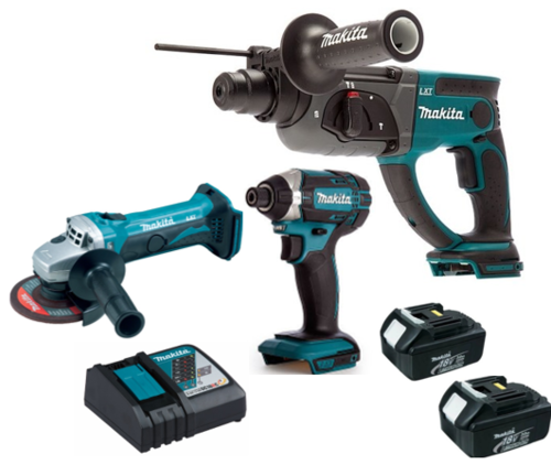 סט כלים נטען מקיטה - פטישון + מברגת אימפקט + משחזת זווית+ 2 סוללות 3A + מטען מהיר MAKITA