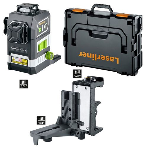 לייזר תלת-מימד PowerPlane-Laser 3G Multi-18V - גוף קומפקטי עם בסיס אלומיניום יציב, פנס לייזר ירוק PowerGreen++, מקרין מעגל אופקי ושני מעגלים אנכיים, תואם למערכות סוללות 18V, משקל 786 גרם, מידות 120×160×144 מ