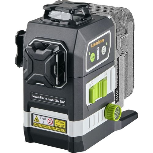 לייזר תלת-מימד PowerPlane-Laser 3G Multi-18V - גוף קומפקטי עם בסיס אלומיניום יציב, פנס לייזר ירוק PowerGreen++, מקרין מעגל אופקי ושני מעגלים אנכיים, תואם למערכות סוללות 18V, משקל 786 גרם, מידות 120×160×144 מ
