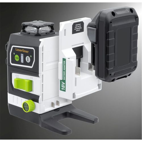 לייזר תלת-מימד PowerPlane-Laser 3G Multi-18V - גוף קומפקטי עם בסיס אלומיניום יציב, פנס לייזר ירוק PowerGreen++, מקרין מעגל אופקי ושני מעגלים אנכיים, תואם למערכות סוללות 18V, משקל 786 גרם, מידות 120×160×144 מ