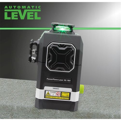 לייזר תלת-מימד PowerPlane-Laser 3G Multi-18V - גוף קומפקטי עם בסיס אלומיניום יציב, פנס לייזר ירוק PowerGreen++, מקרין מעגל אופקי ושני מעגלים אנכיים, תואם למערכות סוללות 18V, משקל 786 גרם, מידות 120×160×144 מ