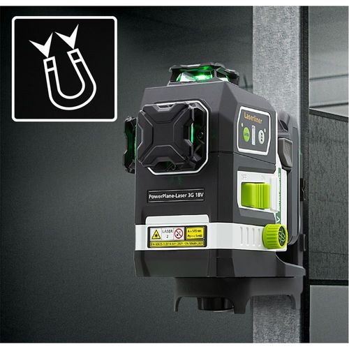 לייזר תלת-מימד PowerPlane-Laser 3G Multi-18V - גוף קומפקטי עם בסיס אלומיניום יציב, פנס לייזר ירוק PowerGreen++, מקרין מעגל אופקי ושני מעגלים אנכיים, תואם למערכות סוללות 18V, משקל 786 גרם, מידות 120×160×144 מ