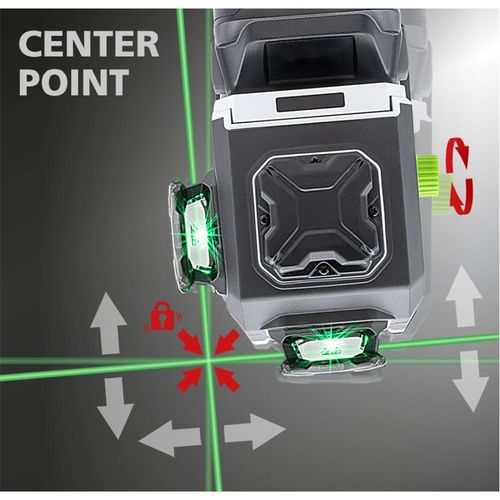 לייזר תלת-מימד PowerPlane-Laser 3G Multi-18V - גוף קומפקטי עם בסיס אלומיניום יציב, פנס לייזר ירוק PowerGreen++, מקרין מעגל אופקי ושני מעגלים אנכיים, תואם למערכות סוללות 18V, משקל 786 גרם, מידות 120×160×144 מ