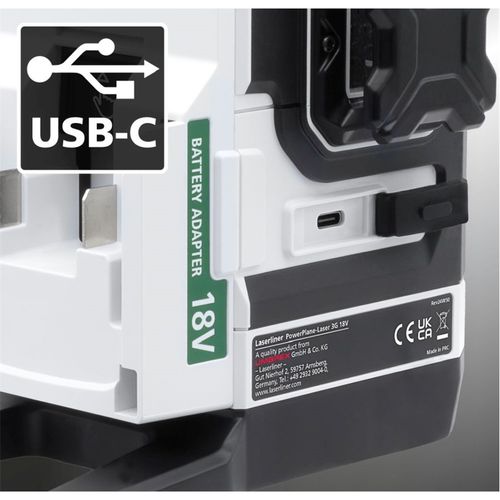 לייזר תלת-מימד PowerPlane-Laser 3G Multi-18V - גוף קומפקטי עם בסיס אלומיניום יציב, פנס לייזר ירוק PowerGreen++, מקרין מעגל אופקי ושני מעגלים אנכיים, תואם למערכות סוללות 18V, משקל 786 גרם, מידות 120×160×144 מ