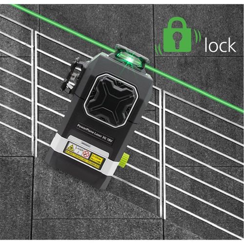 לייזר תלת-מימד PowerPlane-Laser 3G Multi-18V - גוף קומפקטי עם בסיס אלומיניום יציב, פנס לייזר ירוק PowerGreen++, מקרין מעגל אופקי ושני מעגלים אנכיים, תואם למערכות סוללות 18V, משקל 786 גרם, מידות 120×160×144 מ
