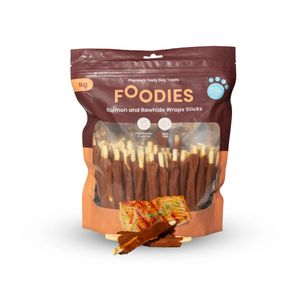 מארז מקלות לעיסה סלמון ועור בקר Foodies לכלב 1 ק"ג