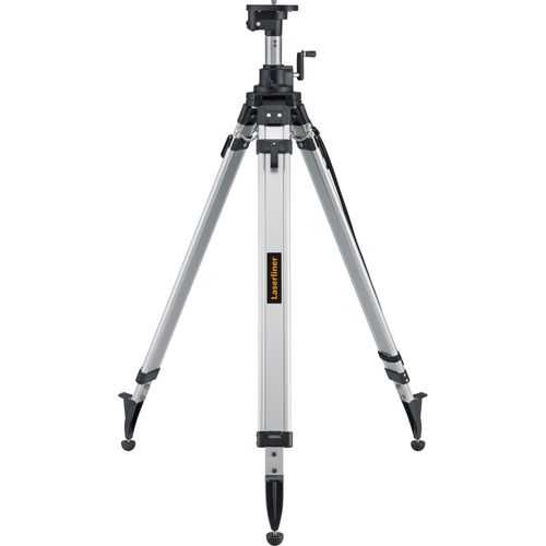 חצובה מקצועית Laserliner 080.35 - מבט כללי על רקע לבן מציג את המבנה האלומיניום החזק עם מנגנון הקרנק המתקדם ורגלי הפלדה המחוזקים