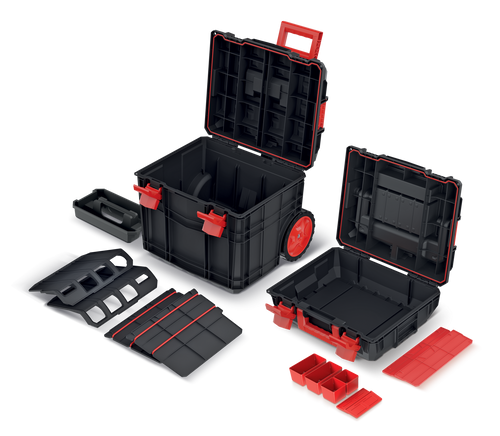 ארגז כלים טרולי C BLOCK MOBILE TOOLBOX SET דגם KXCS454055 מבית KISTENBERG - סט מלא הכולל ארגז כלים עם ארגונית ועגלת כלים עם ידית טלסקופית וגלגלים, מערכת אחסון מקצועית עמידה לכלי עבודה