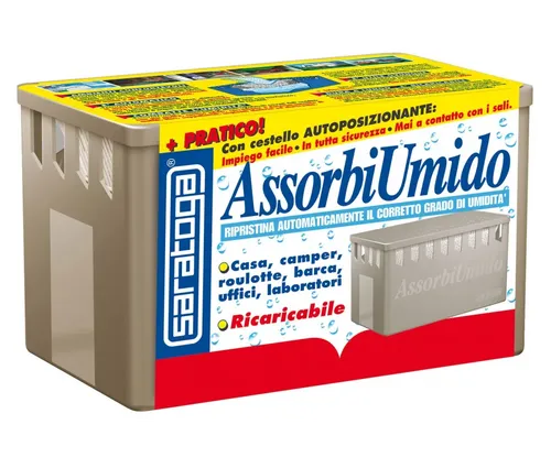 מערכת מסיר לחות Saratoga AssorbiUmido דגם 93.600.001 כולל מכסה מגש איסוף ושקית מלחים 450 גרם - פתרון מתקדם ללחות עודפת בבתים סירות וקרוואנים