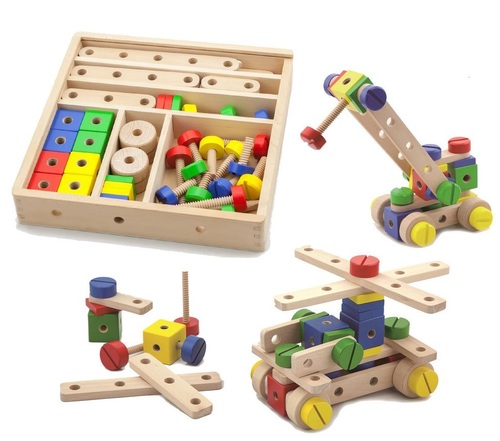 סט בניה והרכבה מעץ אום ובורג 53 חלקים