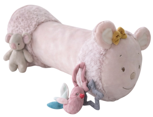 כרית בטן עם 3 צעצועי בד מחוברים - ארנב ורוד