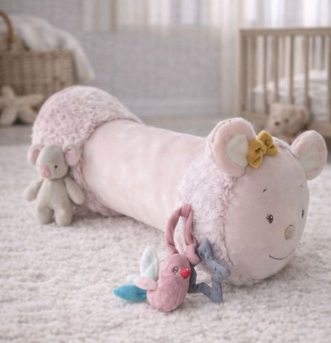 כרית בטן עם 3 צעצועי בד מחוברים - ארנב ורוד