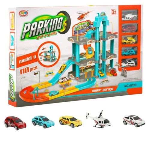 חניון מכוניות רב-קומתי עם מסלול, 4 רכבים ומסוק 118 חלקים