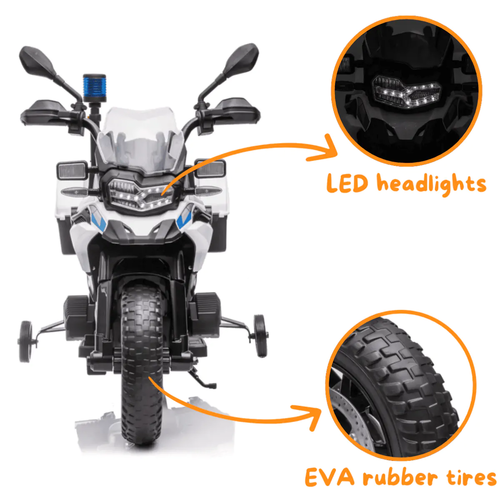אופנוע משטרה ממונע 12V דמוי BMW F850 GS עם 2 מהירויות, אורות מהבהבים ואפקטים קוליים