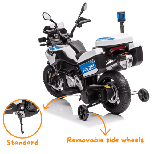 אופנוע משטרה ממונע 12V דמוי BMW F850 GS עם 2 מהירויות, אורות מהבהבים ואפקטים קוליים