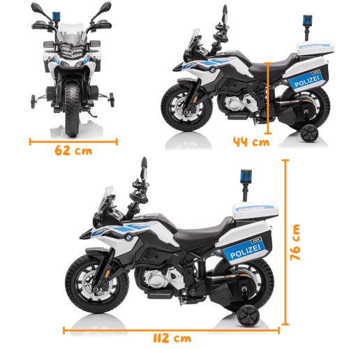 אופנוע משטרה ממונע 12V דמוי BMW F850 GS עם 2 מהירויות, אורות מהבהבים ואפקטים קוליים