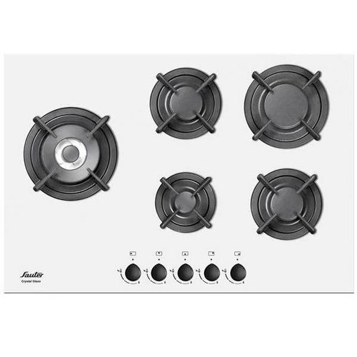 כיריים גז סאוטר לבנות דגם SHG755W עם 5 להבות על משטח זכוכית, כולל מבער טורבו ורשתות ברזל יצוק,