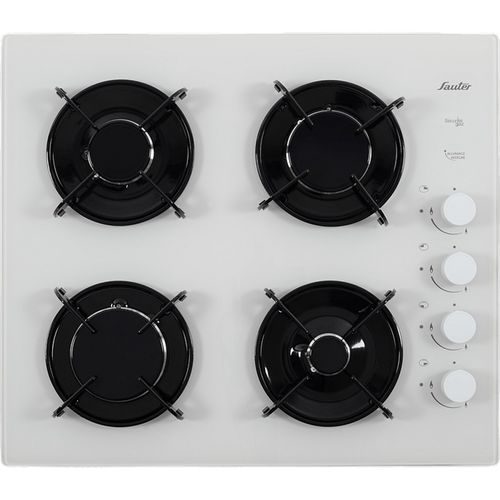 כיריים גז סאוטר 4 להבות דגם SHG870W זכוכית לבנה, כפתורי הפעלה צידיים ורשתות אמייל,