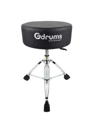 כסא תופים מקצועי Gdrums GD-HDT300 - מושב עגול שחור מרופד בקטיפה עם לוגו Gdrums לבן מודפס, חצובה כפולה כרום מבריק עם 3 רגליים ורגליות גומי שחורות, מנגנון הידראולי להתאמת גובה, עיצוב מקצועי ויציב