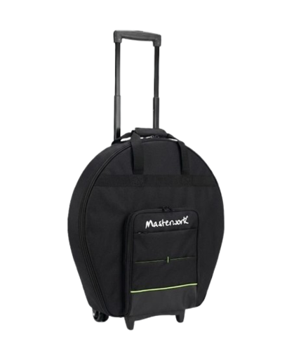 תיק מצילות טרולי מקצועי Masterwork MW-MCB22TR בצבע שחור - צורה עגולה עם ידית טלסקופית מתכווננת, זוג גלגלים חזקים, כיס חיצוני עם לוגו Masterwork לבן, פסי ניאון ירוקים, ניילון 600D עמיד, רצועות נשיאה מרופדות, מתאים למצילות בגדלים 14-22 אינץ'