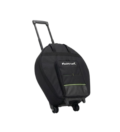 תיק מצילות טרולי מקצועי Masterwork MW-MCB22TR בצבע שחור - צורה עגולה עם ידית טלסקופית מתכווננת, זוג גלגלים חזקים, כיס חיצוני עם לוגו Masterwork לבן, פסי ניאון ירוקים, ניילון 600D עמיד, רצועות נשיאה מרופדות, מתאים למצילות בגדלים 14-22 אינץ'