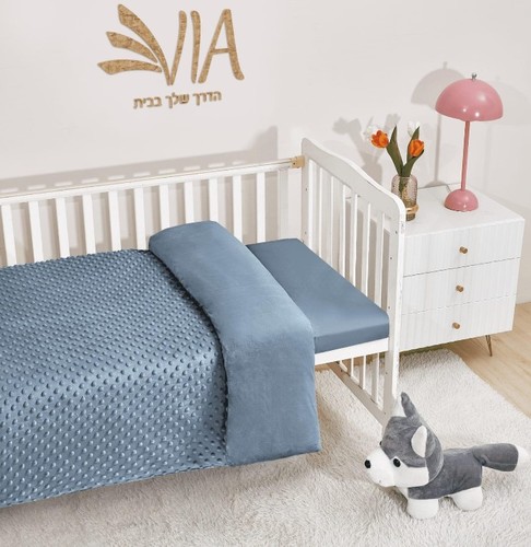 סט מצעים למיטת תינוק/מעבר עשוי מבד פלאנל נעים במיוחד צבע כחול