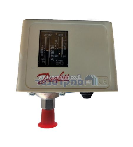 חזית פרסוסטט Danfoss דגם KP6W בצבע קרם, מציג סקלת לחץ גבוה עד 42 בר.