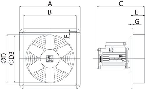 שואב אוויר צירי תעשייתי Vortice E 304 M 12 (40503) - ונטה צירית עם סורג הגנה ופאנל קיר מפלדה צבועה, מיועד לשאיבת אוויר ממטבחים ומתקנים תעשייתיים