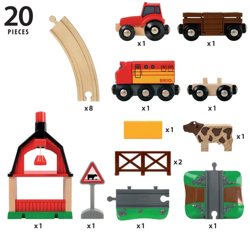 סט רכבת חווה מעץ עם טרקטור ומנוף הרמה 20 חלקים