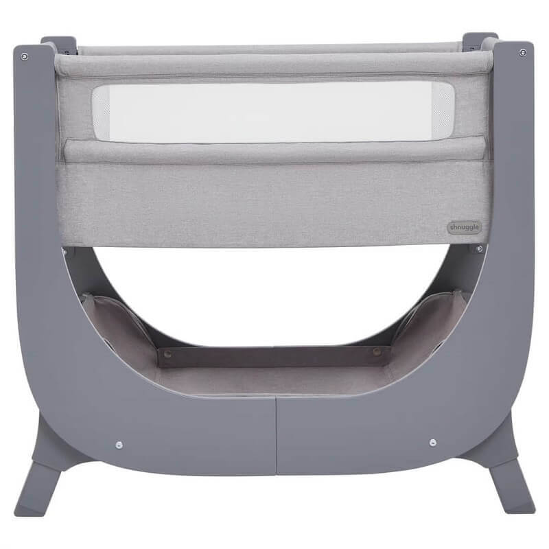 עריסת תינוק מעץ Air Lite מתחברת למיטת הורים היפואלרגנית עם דופן נפתחת ומצבי גובה Shnuggle צבע אפור