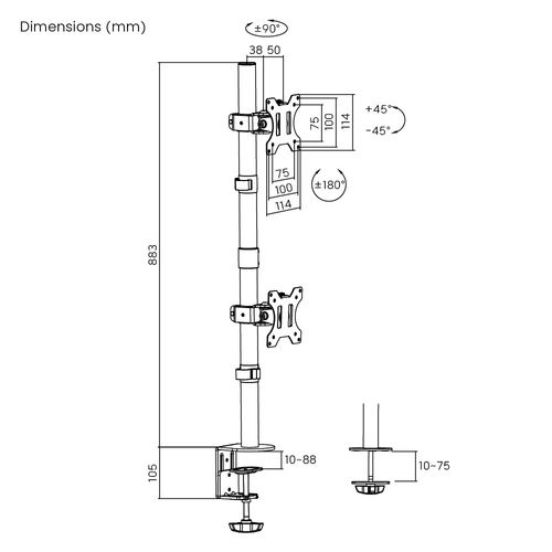 זרוע שולחנית ורטיקלית ל-2 מסכים מותאם לגודל Lumi Brateck 13”-32 דגם LDT12-C02V ‏מעמד למסך מחשב מתקן תליה 90902-806-07