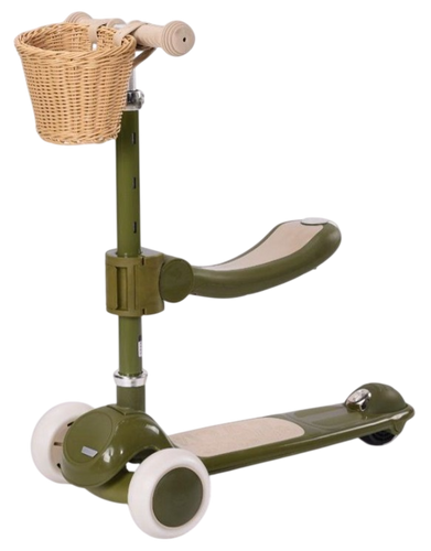 קורקינט וינטג' 2 ב-1 עם מושב מתנתק וסלסלת קש Retro Line - ירוק זית