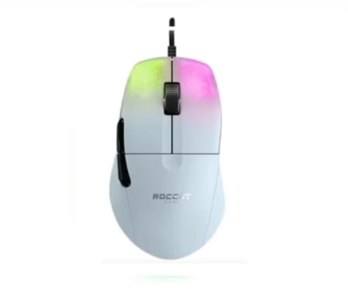 עכבר גיימינג Roccat Kone Pro בצבע לבן עם תאורת RGB ועיצוב ארגונומי