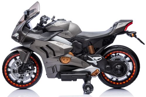 אופנוע ענק ממונע 24V דמוי דוקאטי, נסיעה קדימה/אחורה, מולטימדיה ואורות בגלגלים - אפור