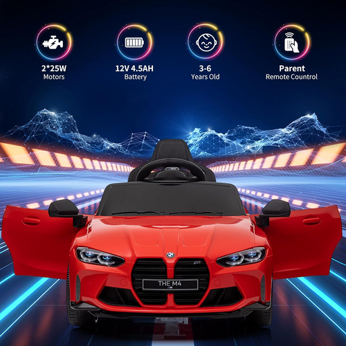 מכונית ממונעת 12V דמוי BMW M4 עם גלגלי EVA, הנעה 4X4, צלילים, אורות ושלט רחוק - לבן