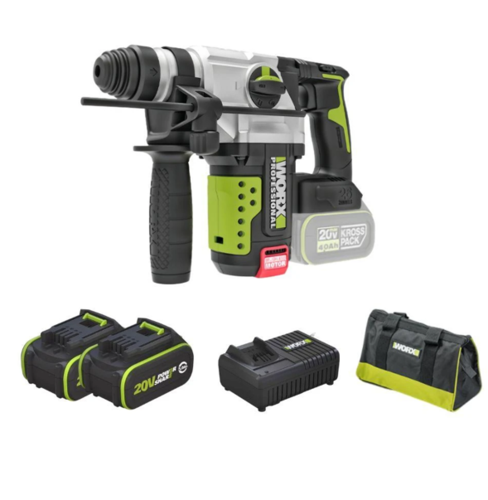  סט 2 כלים -משחזת זווית נטענת 20V WU812.99 WORX + פטישון נטען 26WU389 [ 2 סוללות 4 אמפר + מטען ]