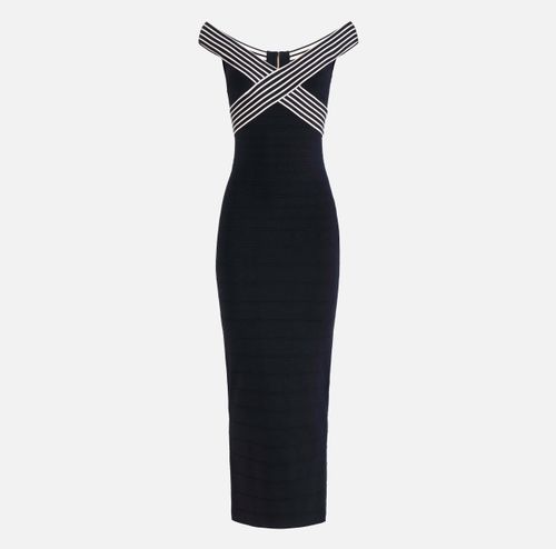 Knit fabric long dress with striped bands