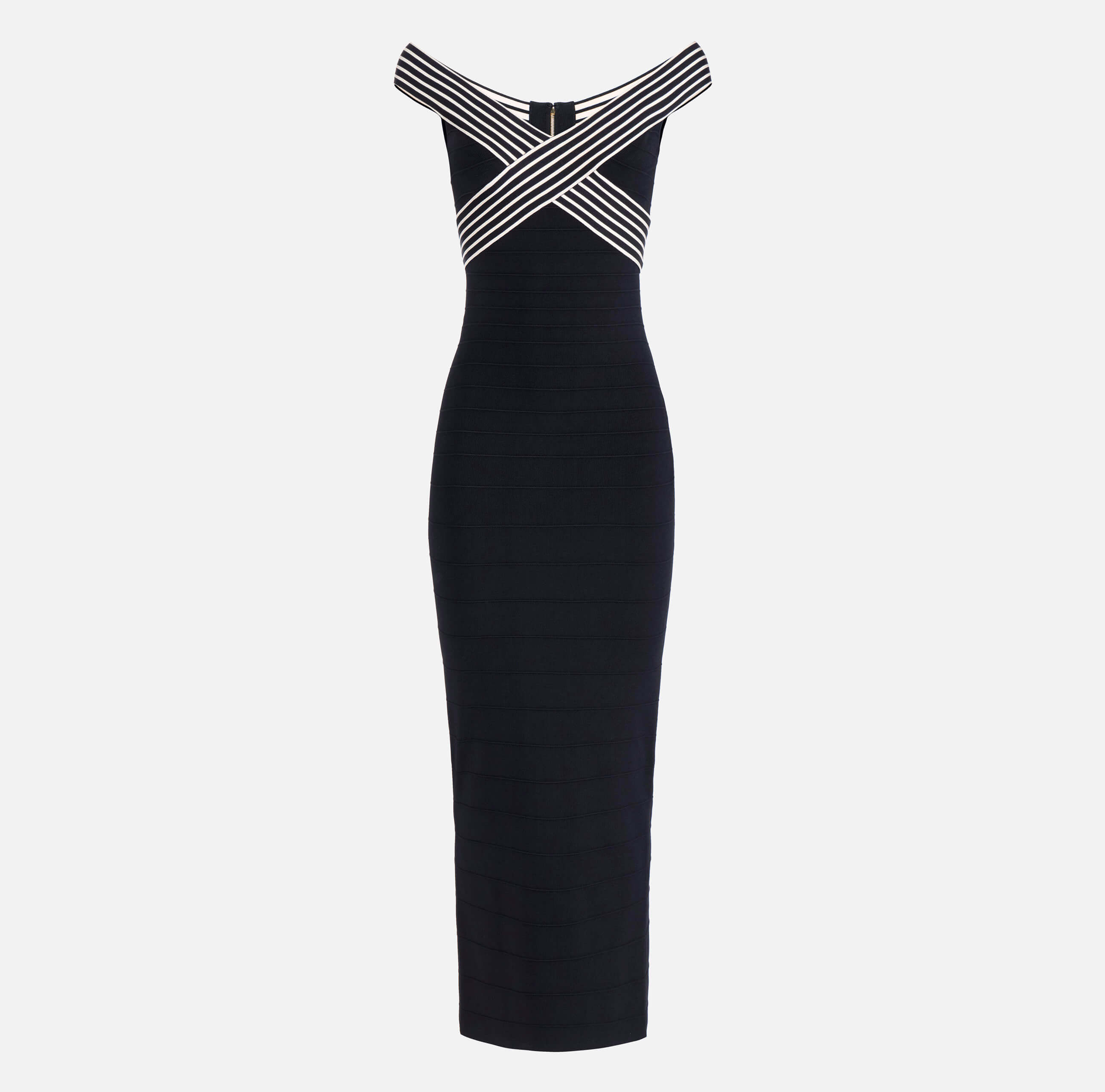 Knit fabric long dress with striped bands